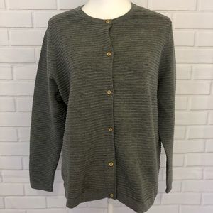 LANDS END Supima Cotton Cardigan Sweater Gray Rib
